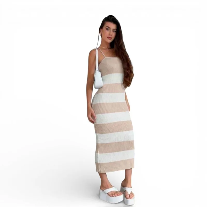 Vestido Amarre En La Espalda Hilo Maxi 463A-22 Color Beige Talla L