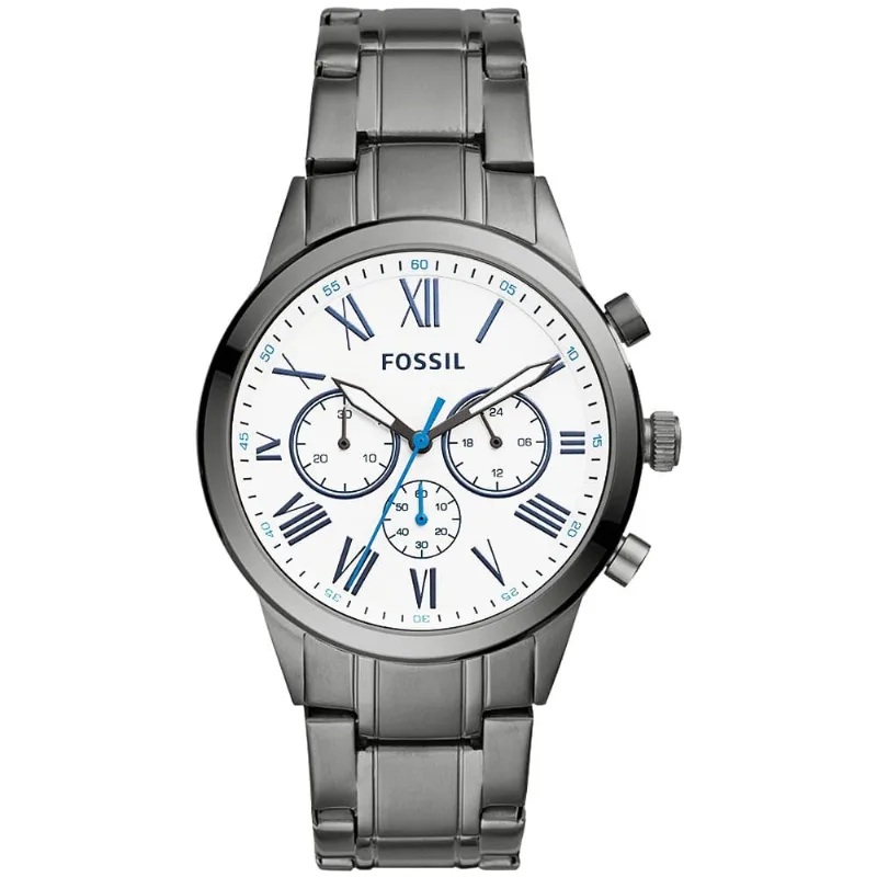 Reloj Fossil Flynn BQ2232 Cronómetro Acero Inoxidable Gunmetal Dial Blanco