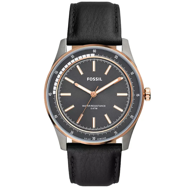 Reloj Fossil Sullivan BQ2664 Solar Acero Inoxidable Gunmetal Correa de Cuero Negro y Dial Gris