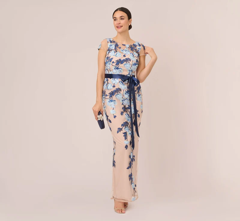 Short Sleeve Floral Embroidered Gown With Ribbon Tie Waist In Midnight Multi Nude Midnight Multi/Nude / Regular / 6