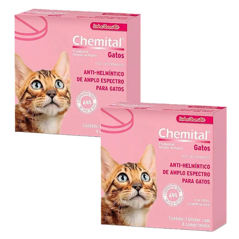 Kit 2 Un. Vermífugo Chemital Para Gatos Chemitec 4 Comprimidos