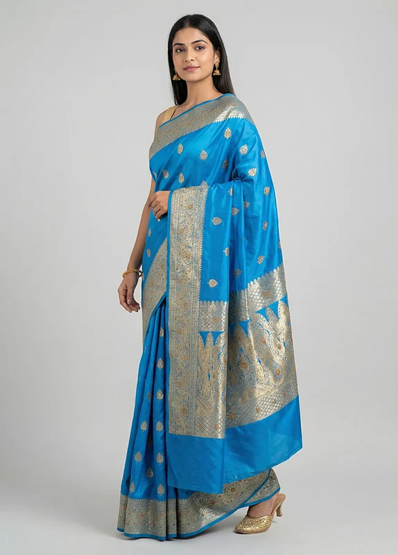 Blue Banarasi Silk Saree With Blouse Piece One Size