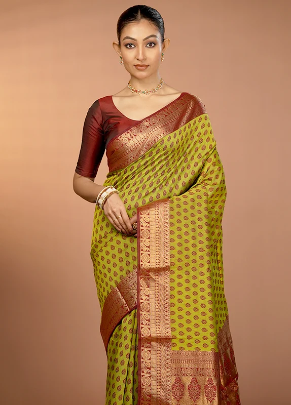Green Cotton Saree With Blouse Piece One Size
