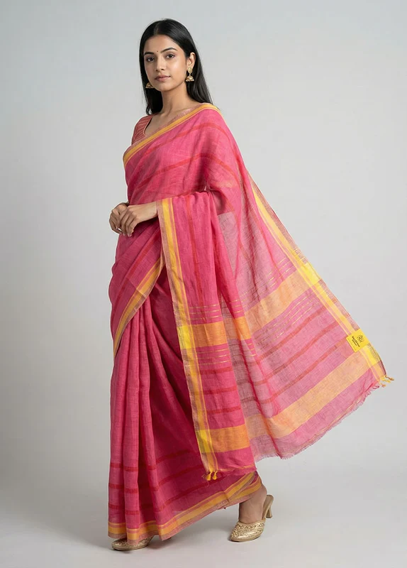 Pink Linen Silk Saree With Blouse Piece One Size