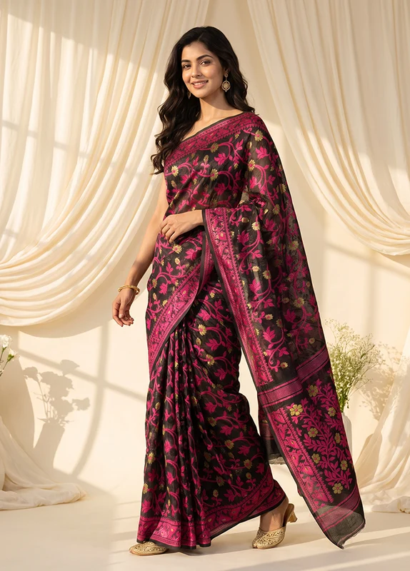 Black Jamdani Cotton Saree Without Blouse Piece One Size