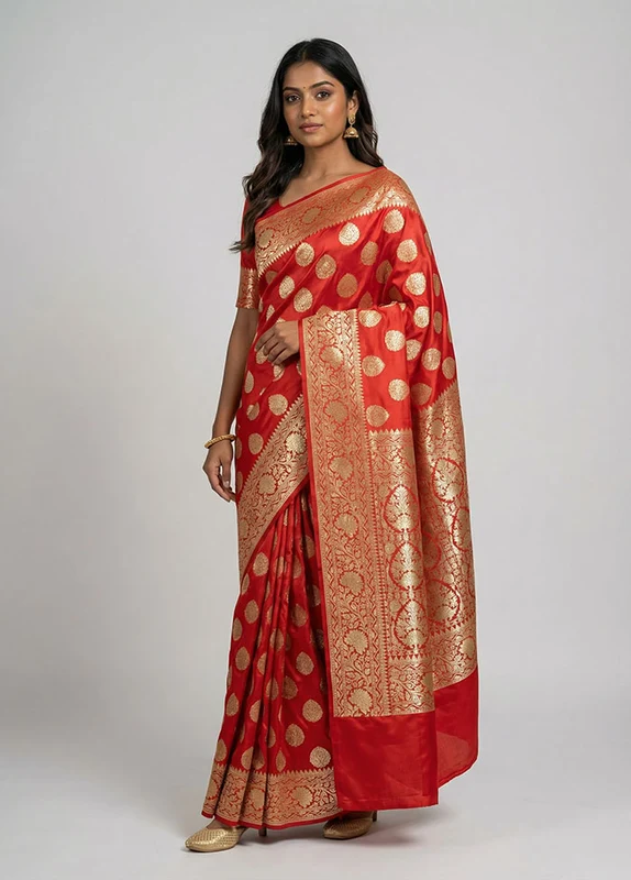 Red Banarasi Silk Saree With Blouse Piece One Size