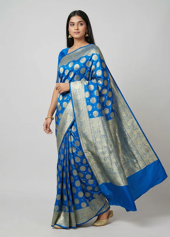 Blue Banarasi Silk Saree With Blouse Piece One Size