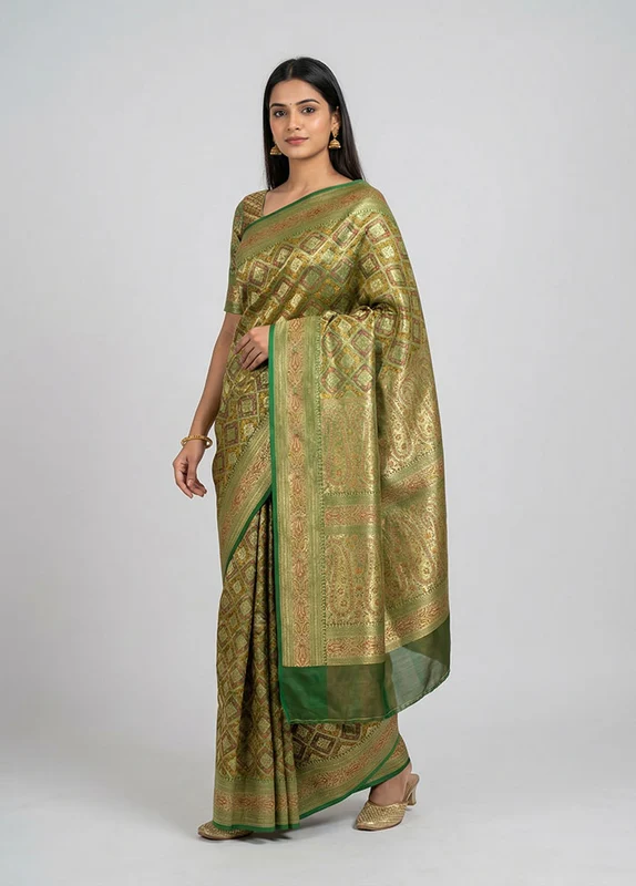 Green Handloom Tanchoi Pure Silk Saree With Blouse Piece One Size