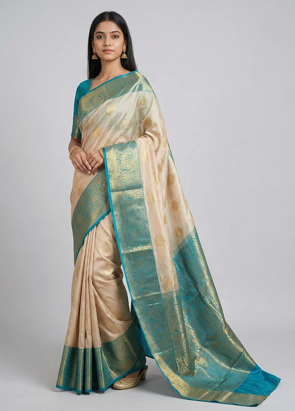 Cream Handloom Kanchipuram Pure Silk Saree With Blouse Piece One Size