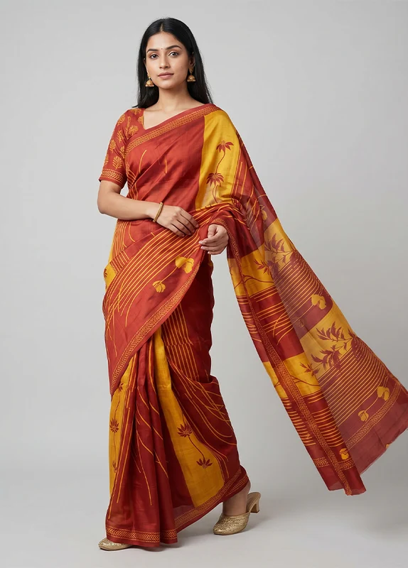 Cream Printed Silk Saree Without Blouse Piece One Size