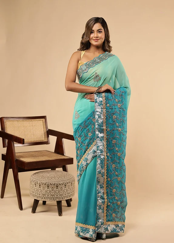 Green Chiffon Silk Saree With Blouse Piece One Size