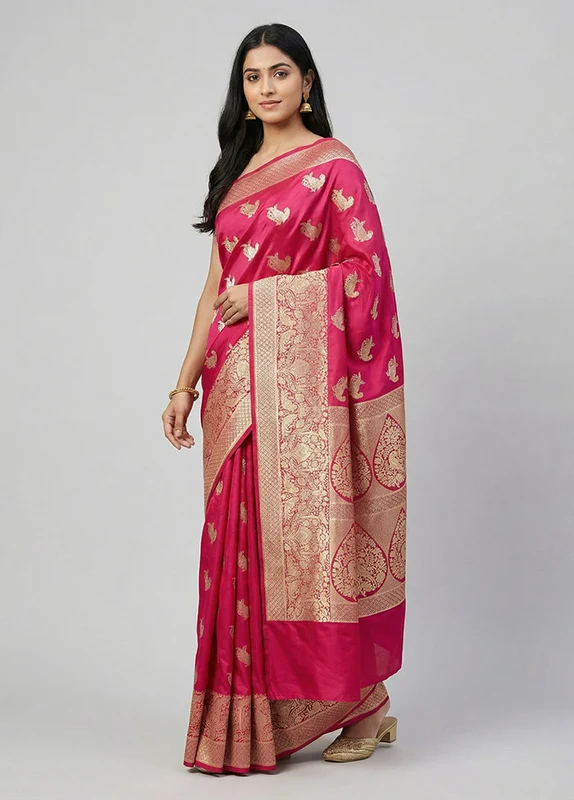Pink Banarasi Silk Saree With Blouse Piece One Size
