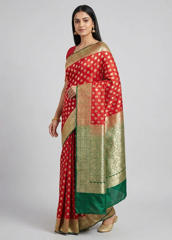 Red Banarasi Silk Saree With Blouse Piece One Size