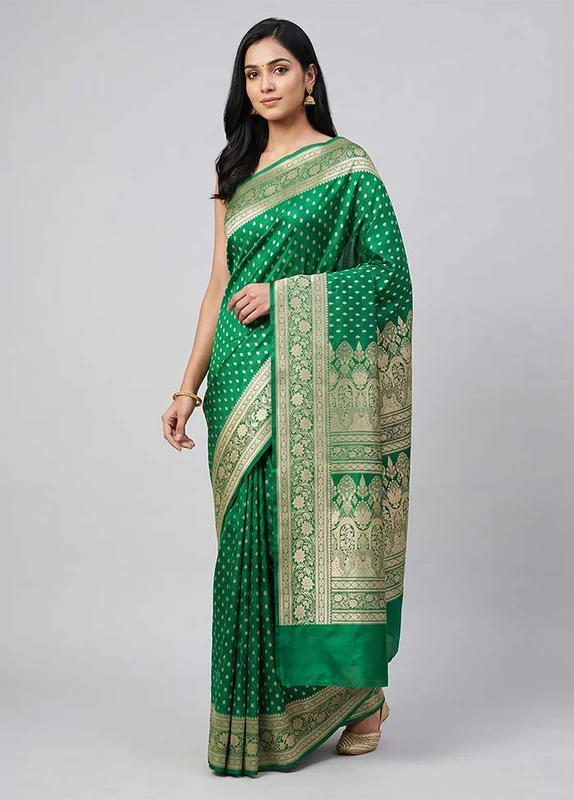 Green Handloom Banarasi Pure Silk Saree With Blouse Piece One Size