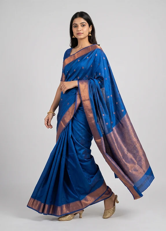 Blue Kanjivaram Silk Saree With Blouse Piece One Size