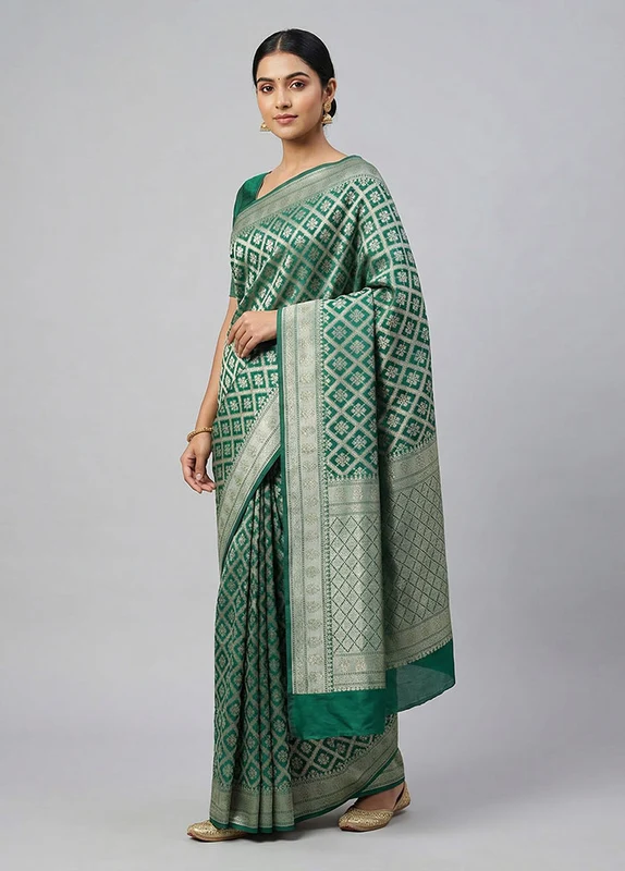 Green Kora Silk Saree With Blouse Piece One Size