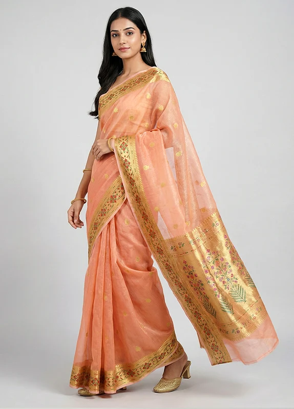 Rust Cotton Saree With Blouse Piece One Size