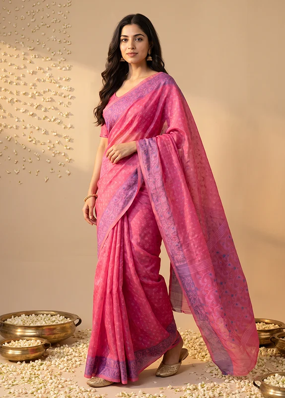 Pink Jamdani Cotton Saree Without Blouse Piece One Size