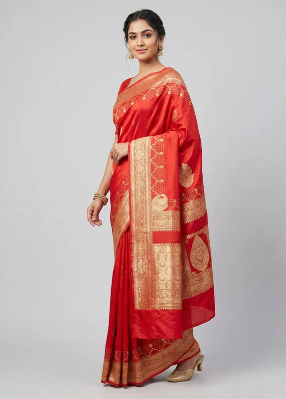 Red Banarasi Silk Saree With Blouse Piece One Size