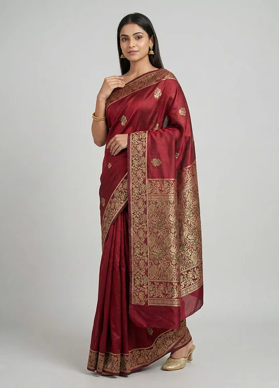 Maroon Handloom Banarasi Pure Silk Saree With Blouse Piece One Size