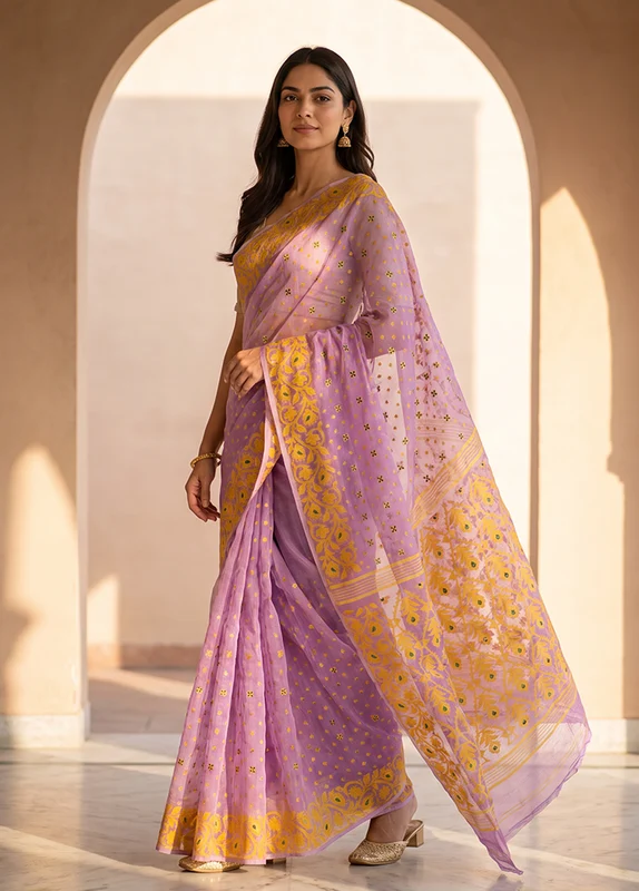 Purple Jamdani Cotton Saree Without Blouse Piece One Size