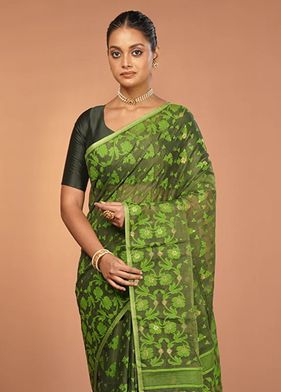 Green Jamdani Cotton Saree Without Blouse Piece One Size