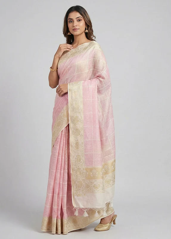 Cream Cotton Saree With Blouse Piece One Size