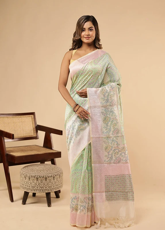 Green Cotton Saree With Blouse Piece One Size
