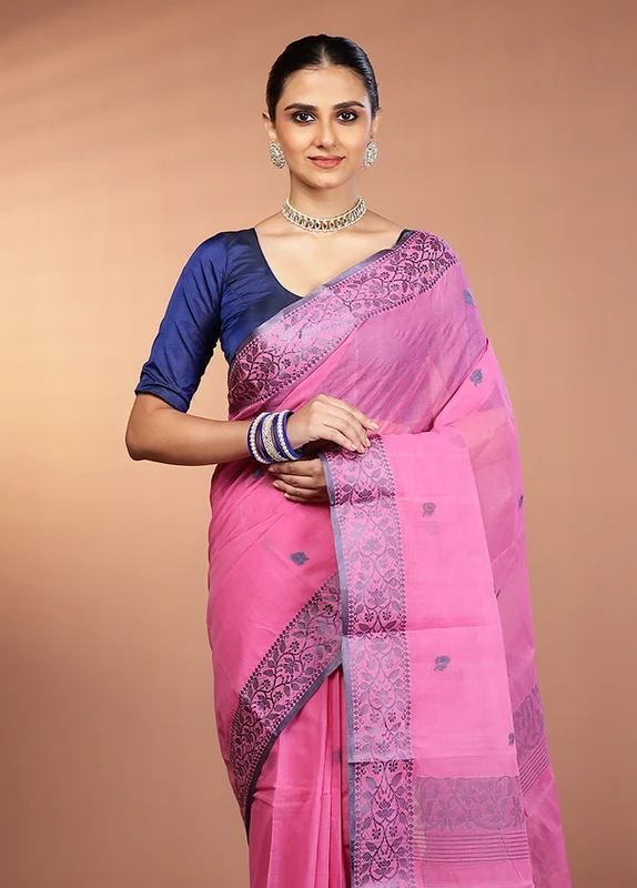 Pink Jamdani Cotton Saree Without Blouse Piece One Size
