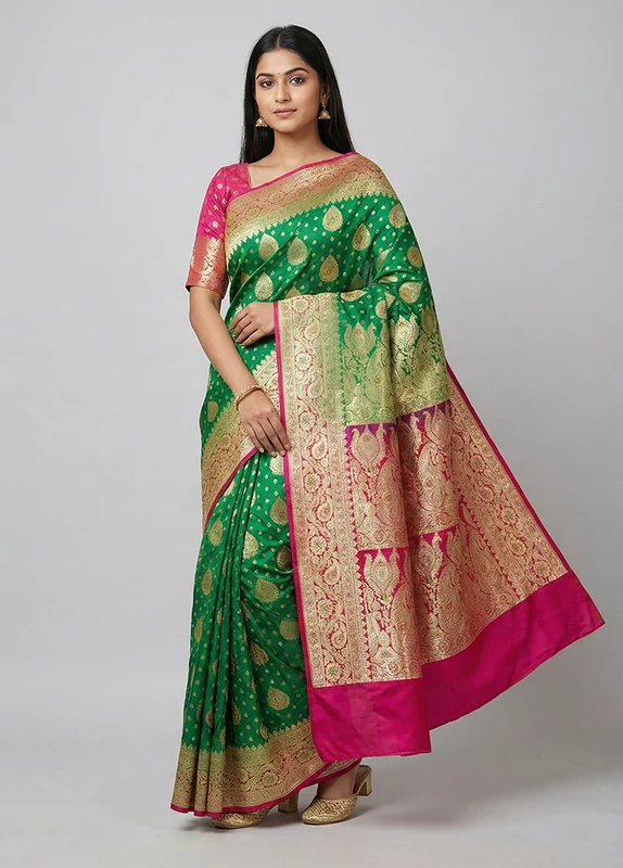 Green Banarasi Silk Saree With Blouse Piece One Size