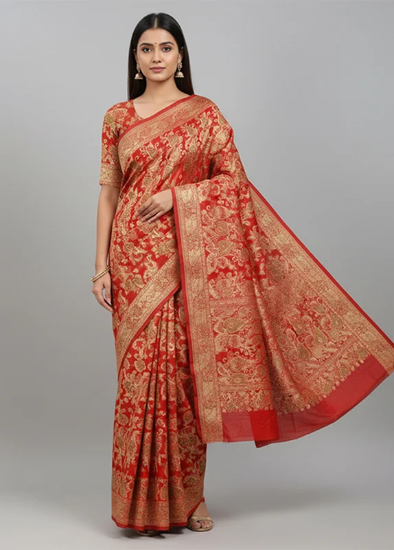 Red Handloom Banarasi Pure Silk Saree With Blouse Piece One Size