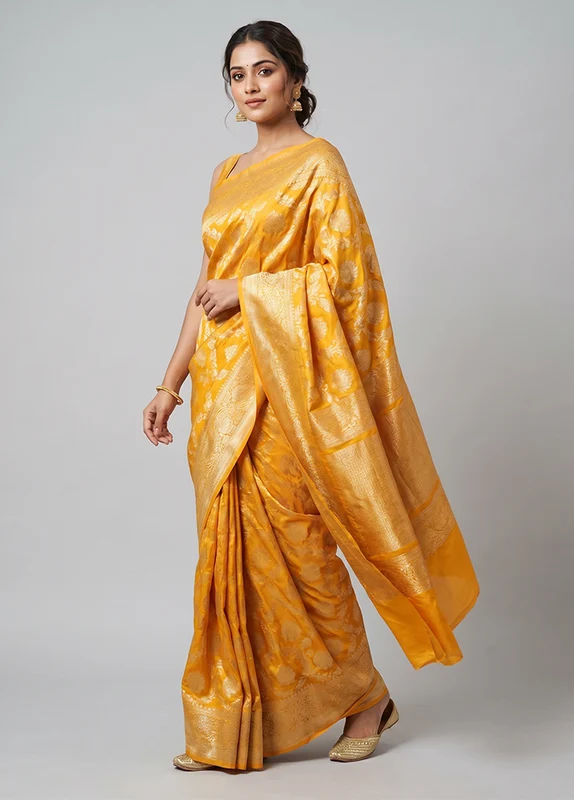 Yellow Handloom Katan Pure Silk Saree With Blouse Piece One Size