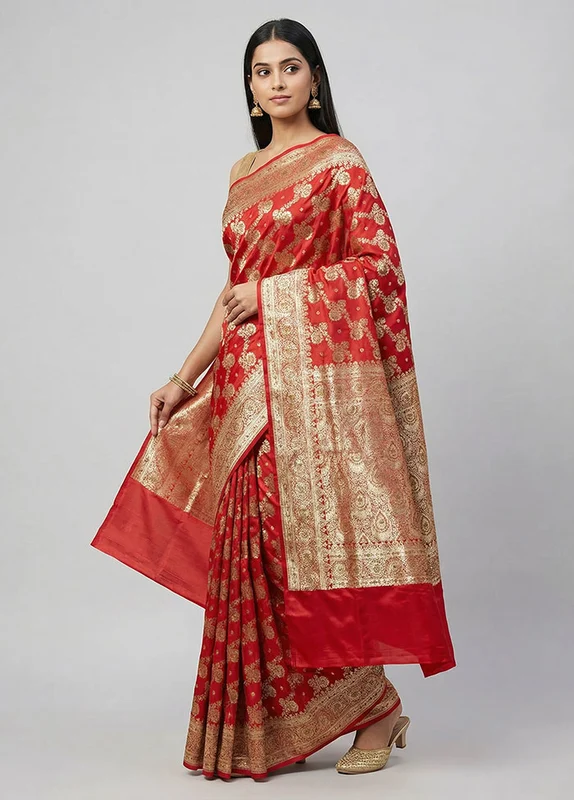 Red Banarasi Silk Saree With Blouse Piece One Size