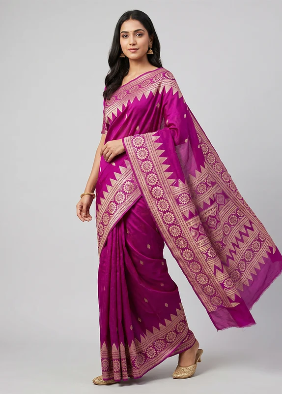 Purple Handloom Kantha Stitch Pure Silk Saree With Blouse Piece One Size