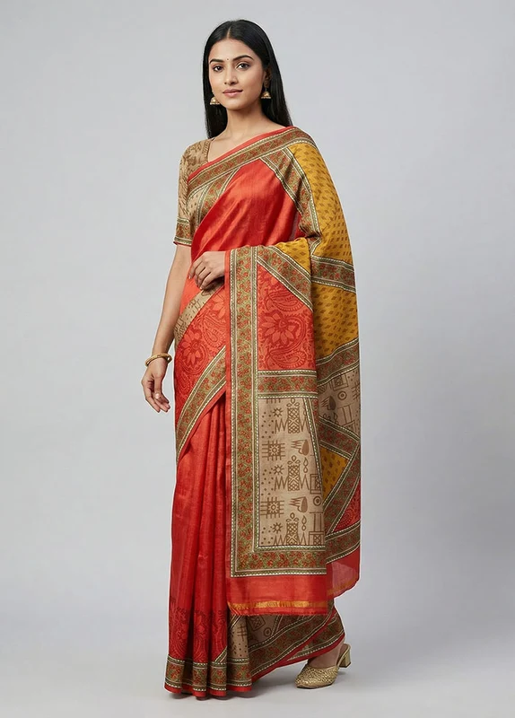 Cream Printed Silk Saree Without Blouse Piece One Size