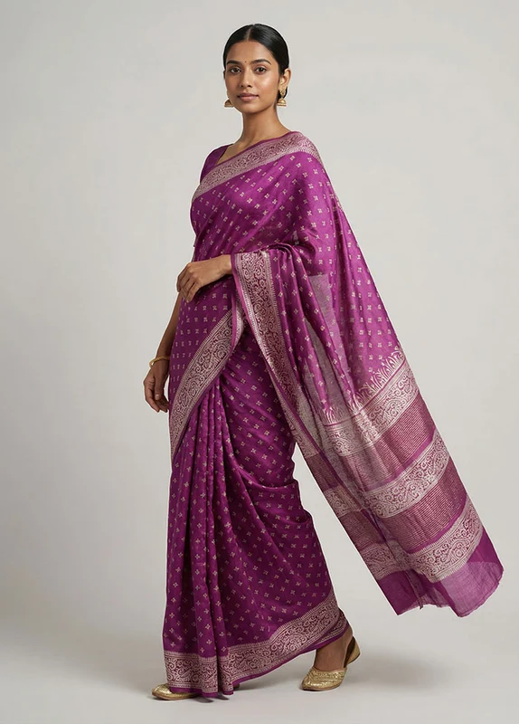 Purple Tussar Silk Saree With Blouse Piece One Size