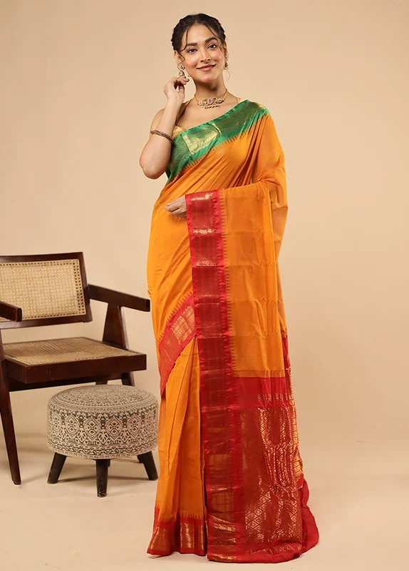 Yellow Gadwal Silk Saree Without Blouse Piece One Size