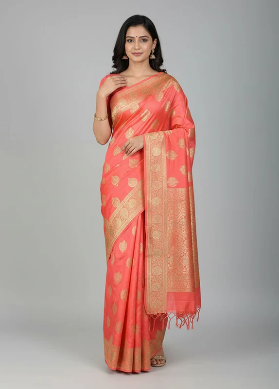 Pink Banarasi Silk Saree With Blouse Piece One Size