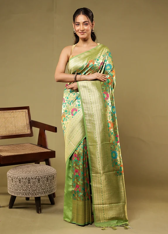 Green Dupion Silk Saree With Blouse Piece One Size