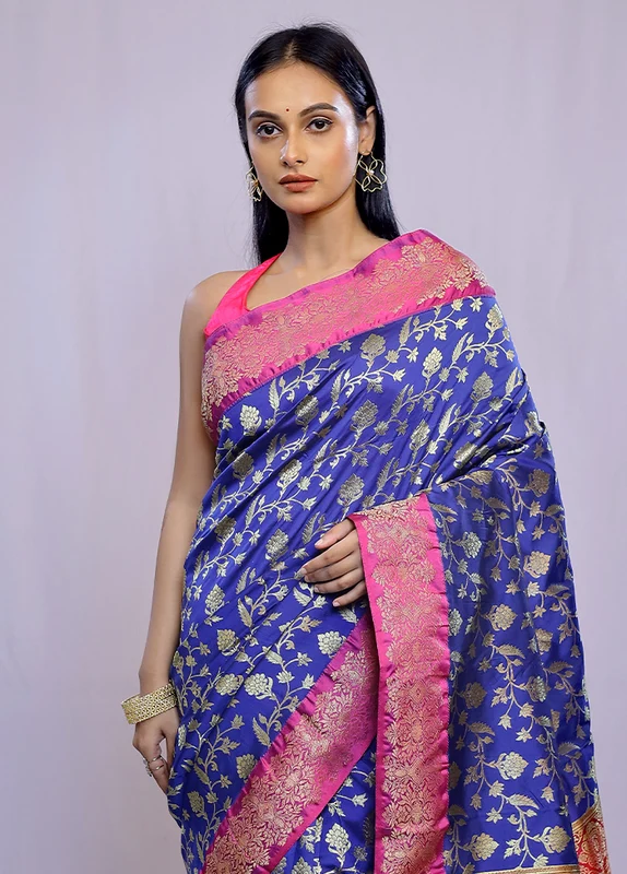 Blue Kanjivaram Silk Saree With Blouse Piece Onesize