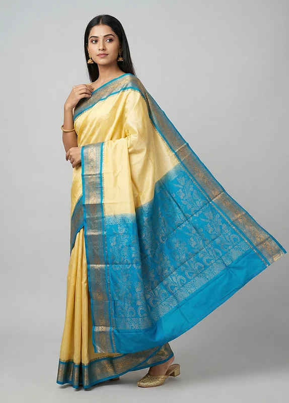Cream Handloom Kanjivaram Pure Silk Saree With Blouse Piece One Size
