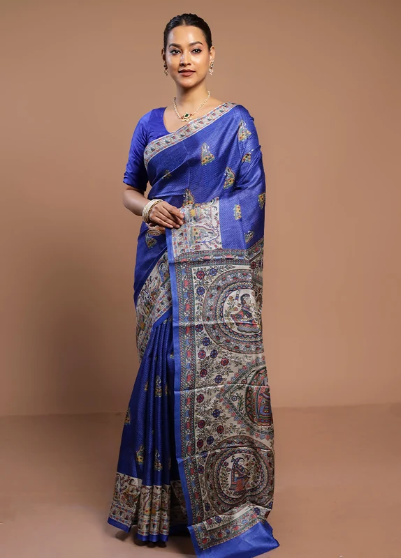 Blue Tussar Silk Saree With Blouse Piece Onesize