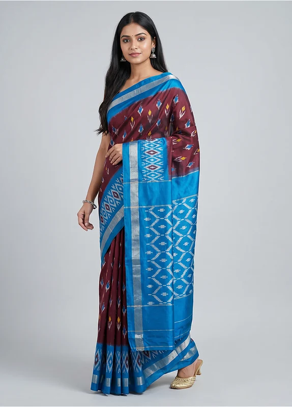 Maroon Handloom Ikkat Pure Silk Saree With Blouse Piece One Size