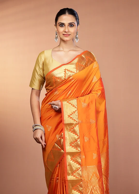 Rust Kanjivaram Silk Saree With Blouse Piece One Size
