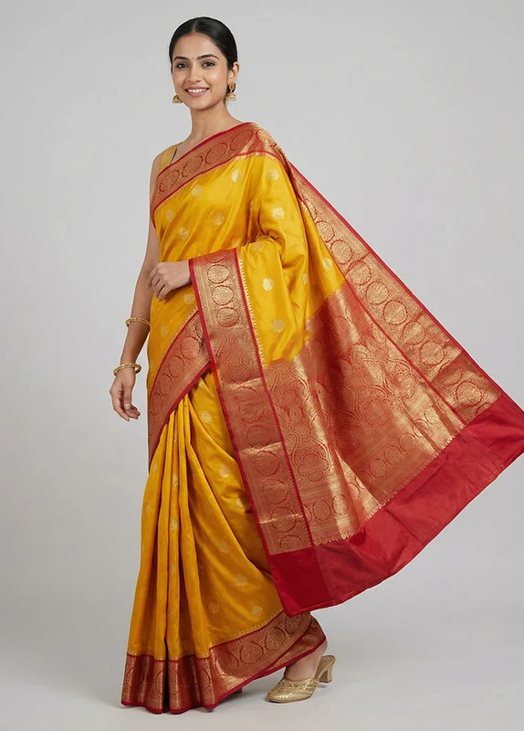 Yellow Handloom Kanchipuram Pure Silk Saree With Blouse Piece One Size
