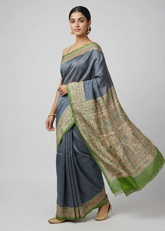 Green Printed Pure Silk Saree Without Blouse Piece One Size