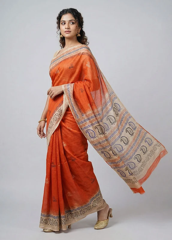 Red Printed Silk Saree Without Blouse Piece One Size