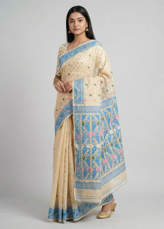 Cream Jamdani Cotton Saree Without Blouse Piece One Size