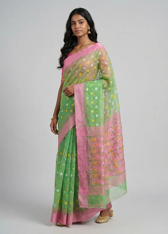 Green Jamdani Cotton Saree Without Blouse Piece One Size