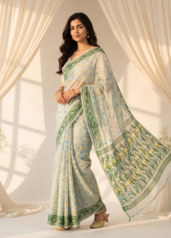 White Jamdani Cotton Saree Without Blouse Piece One Size